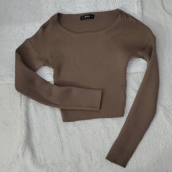 Taupe Sand Brown Cropped Long Sleeve Knit Top Scoop Neck - Picture 7 of 9